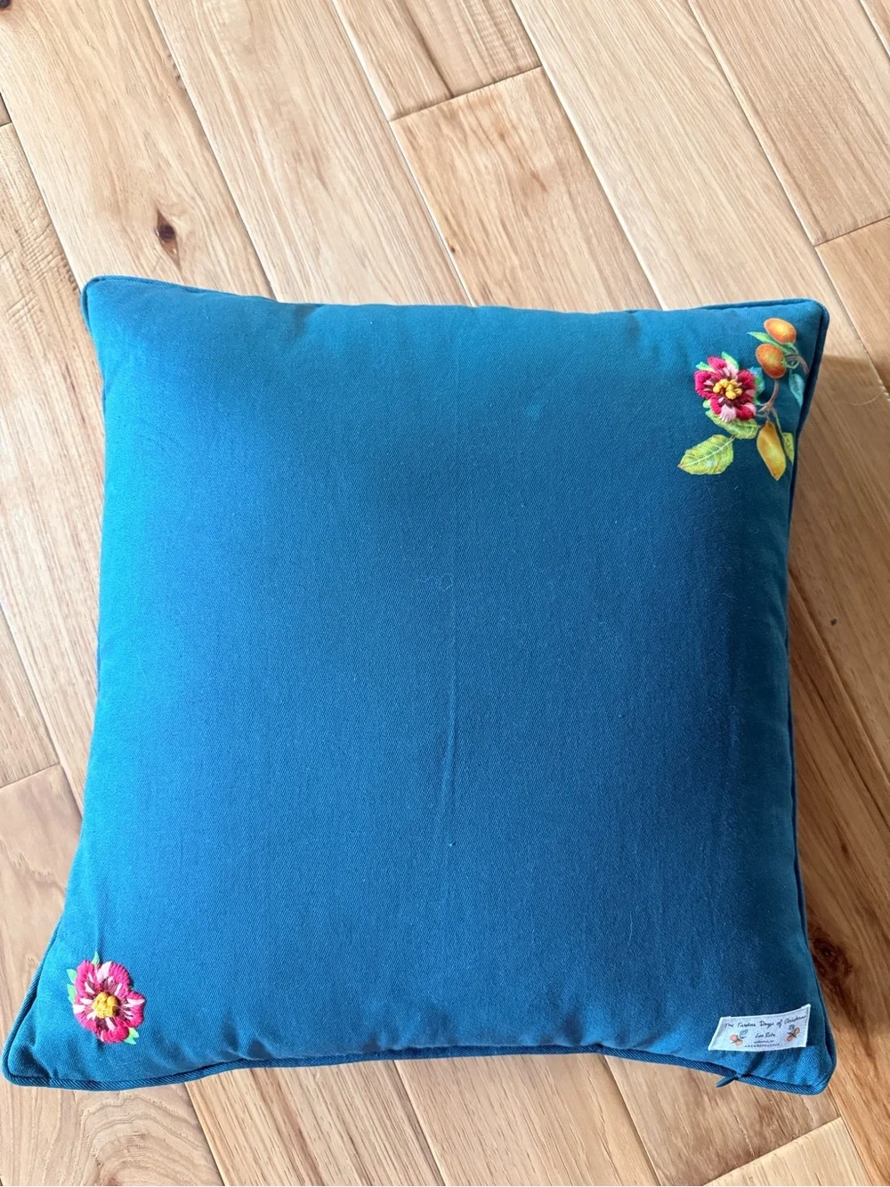 Anthropologie Teal Embroidered Bird & Fruit Pillow